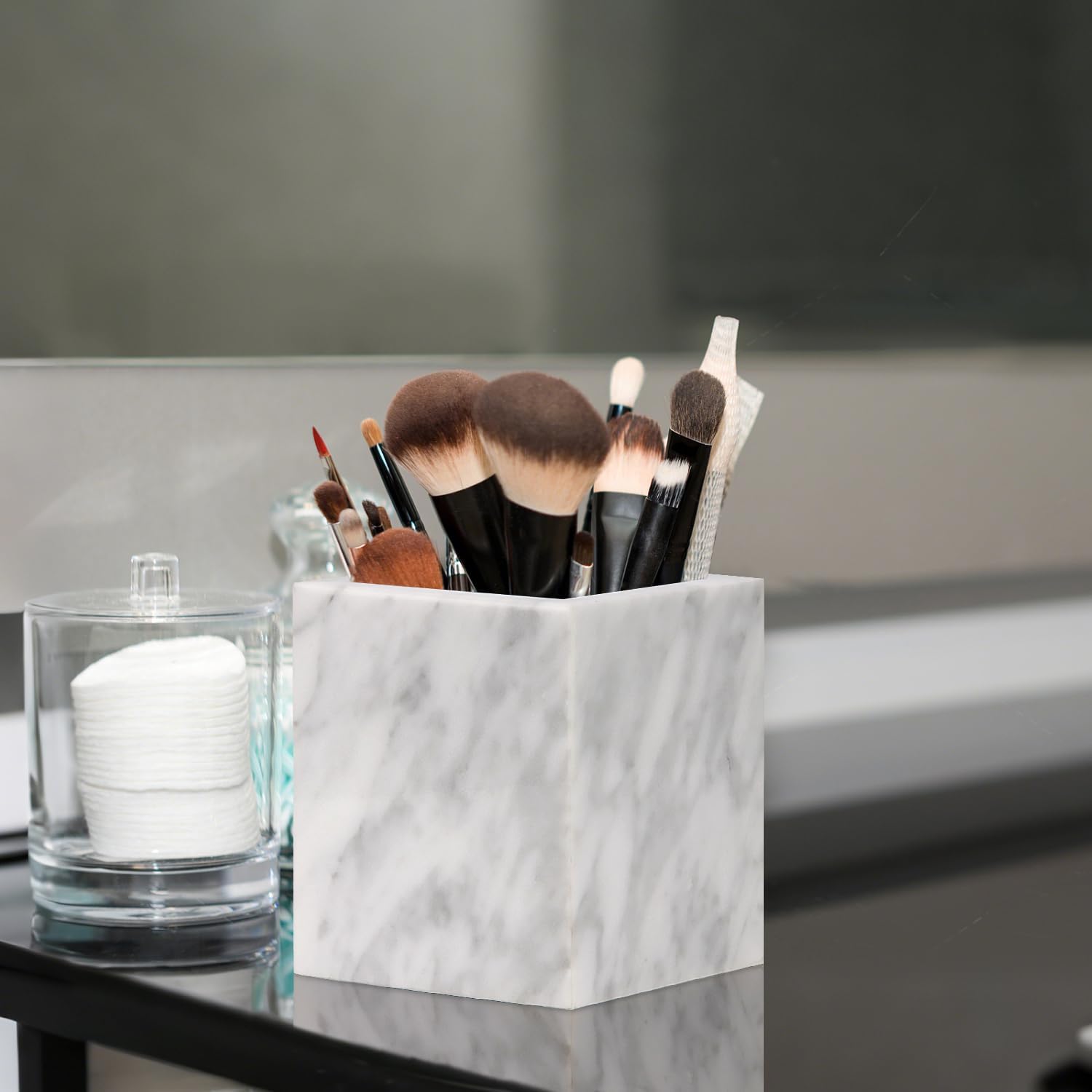 Natural Marble Toothbrush Holder for Bathroom Countertop (8.5x8.5x10cm) - Multifunctional Organizer for Makeup Brushes, Vanity Accessories & Utensils Sink(Carrara White)