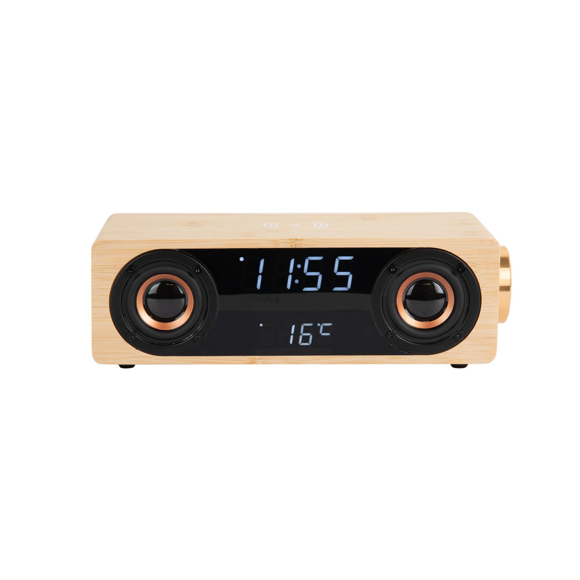 Karlsson Altavoz Bluetooth Radio Reloj despertador con pantalla LED y carga inalámbrica (bambú)