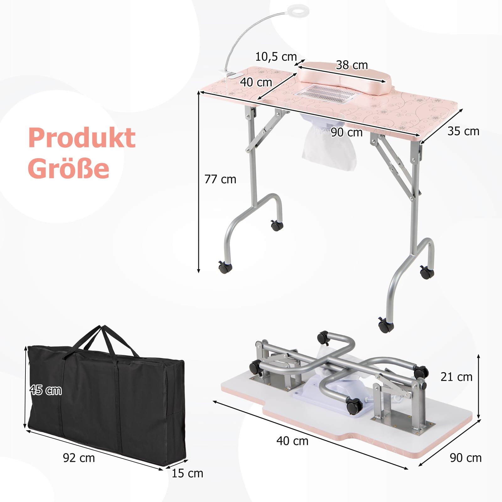 COSTWAY Mesa de manicura Plegable, Mesa de uñas con colector de Polvo eléctrico, lámpara LED, reposamuñecas y Ruedas, Mesa de manicura Efecto mármol, Incluye Bolsa de Transporte (Rosa)