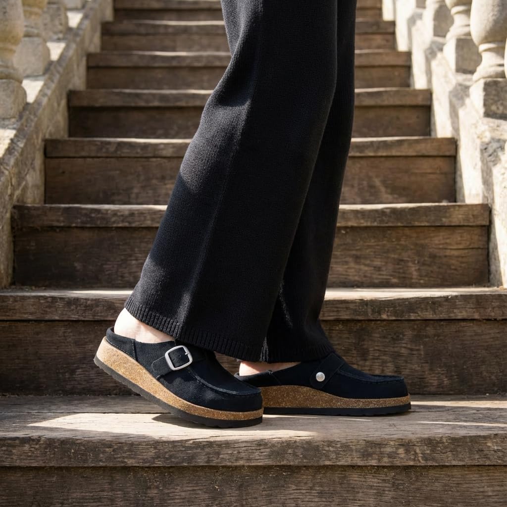 CUSHIONAIRE Hobby Genuine Leather Suede Mule Clogs for Women with Buckle Strap and Cork Footbed, Supportive All-Day Comfort in Womens Shoes - Image 5