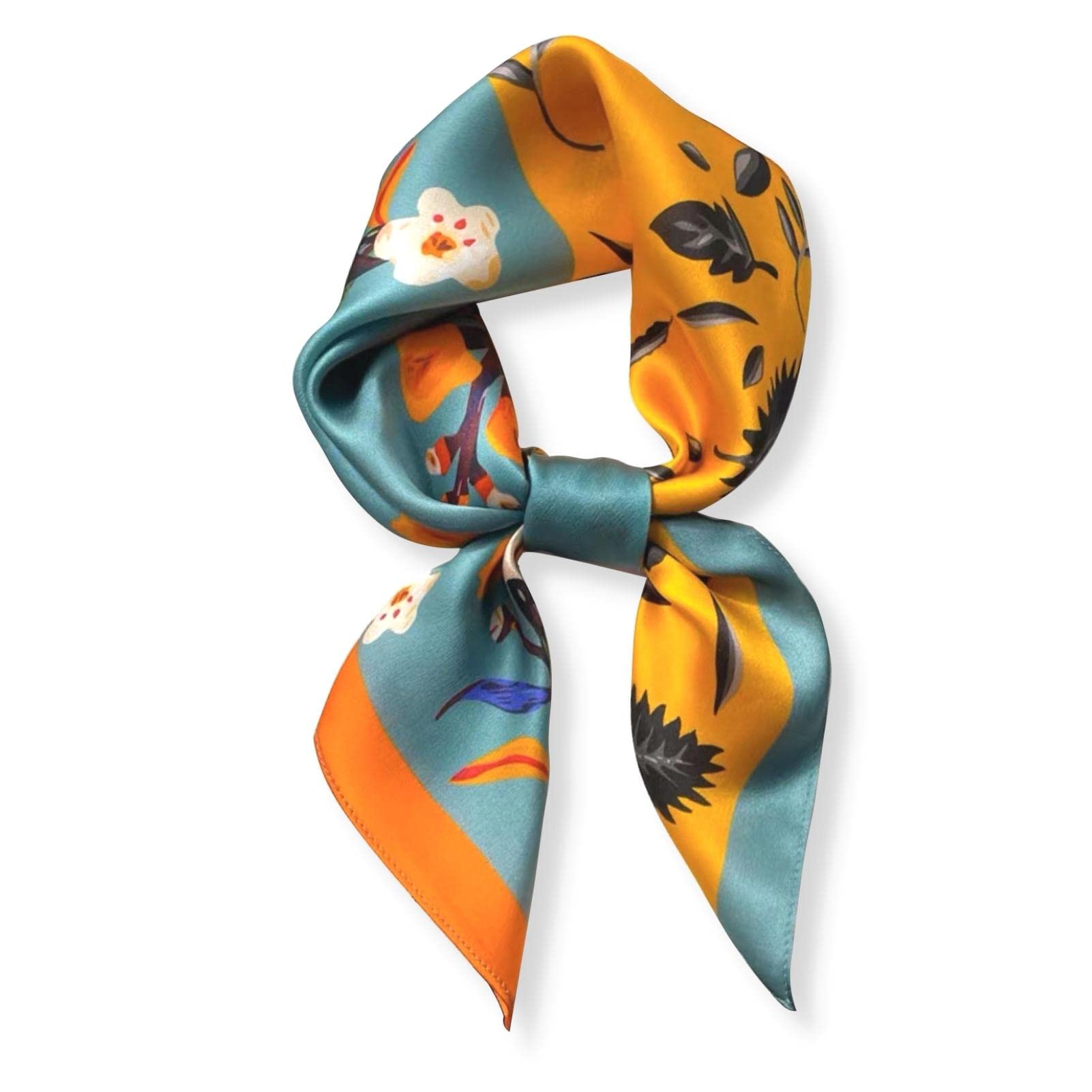 Poeticehome Unisex Q1 - Flowers & Leaves 100% Pure Mulberry Silk Neck Scarf 27"X27" Women Square Neckerchief Headscarf Gift Packed