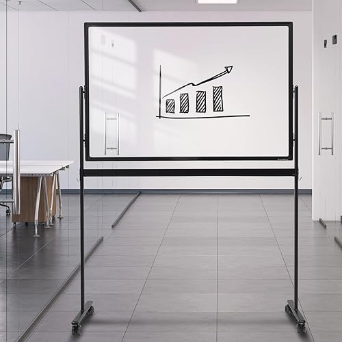 Miniatura 7 de Pizarra blanca móvil de vidrio transparente sobre ruedas de 48 x 32 pulgadas con soporte, pizarra blanca rodante grande con almohadilla de papel de