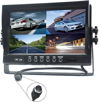 9" TFT LCD Car Rearview Quad Split Monitor,Remote Control, 4 Channels 4-PIN Connector Video Inputs Shockproof - 12V-24V 800480HD Screen w/Sunshade Anti-Glare