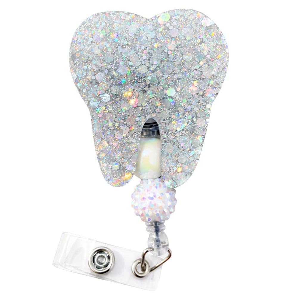 Tooth Badge Reel Acrylic Glittery Sparkling Teeth ID Name Holder with Retractable Clip Medical Accessories for RDH Dentistry Appreciation Gift for Dentist Assistant Clinic Staff Dental Hygienists — image 1