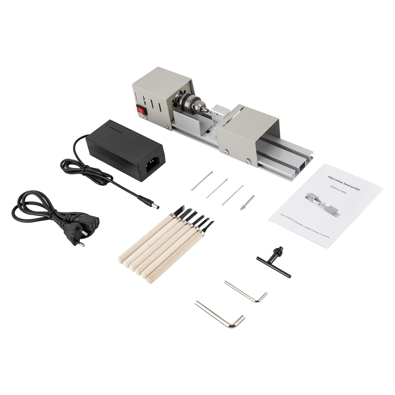 Holz-Drehmaschine mit 220V auf DC12-24V Spannungswandler, 7 Geschwindigkeiten Einstellbar, 6 Klingen, 96W 4000-9000rpm Mini DIY Fräsen Werkzeug, Perlen Holzbearbeitung,Poliermaschine, Drehbank