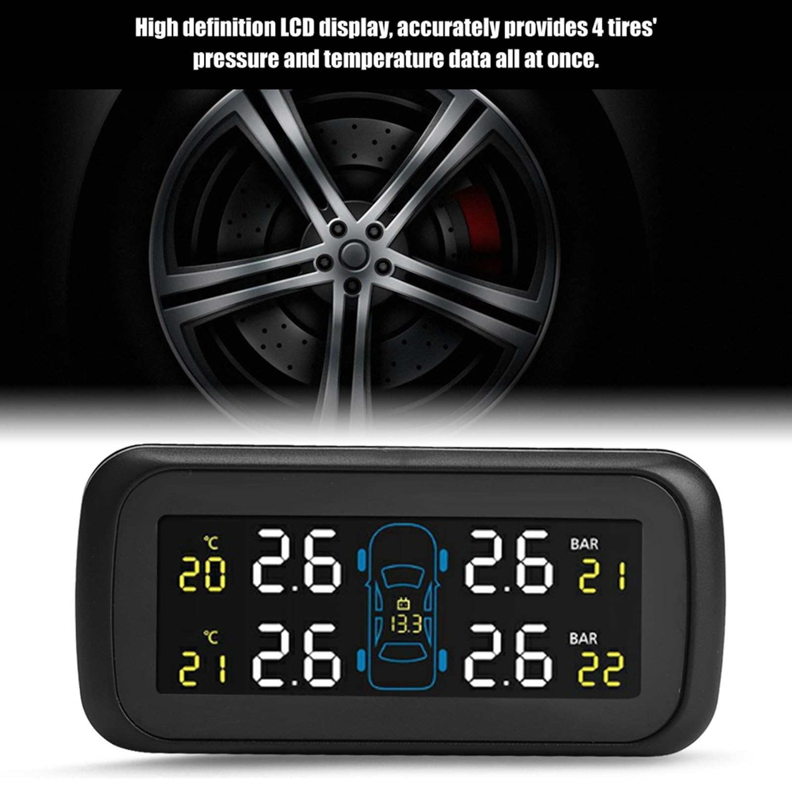 System Monitorowania Ciśnienia w Oponach TPMS z 4 Czujnikami Wewnętrznymi Wyświetlacz LCD Ładowarka USB Zapewniająca Bezpieczeństwo Samochodu i oszczędność Paliwa