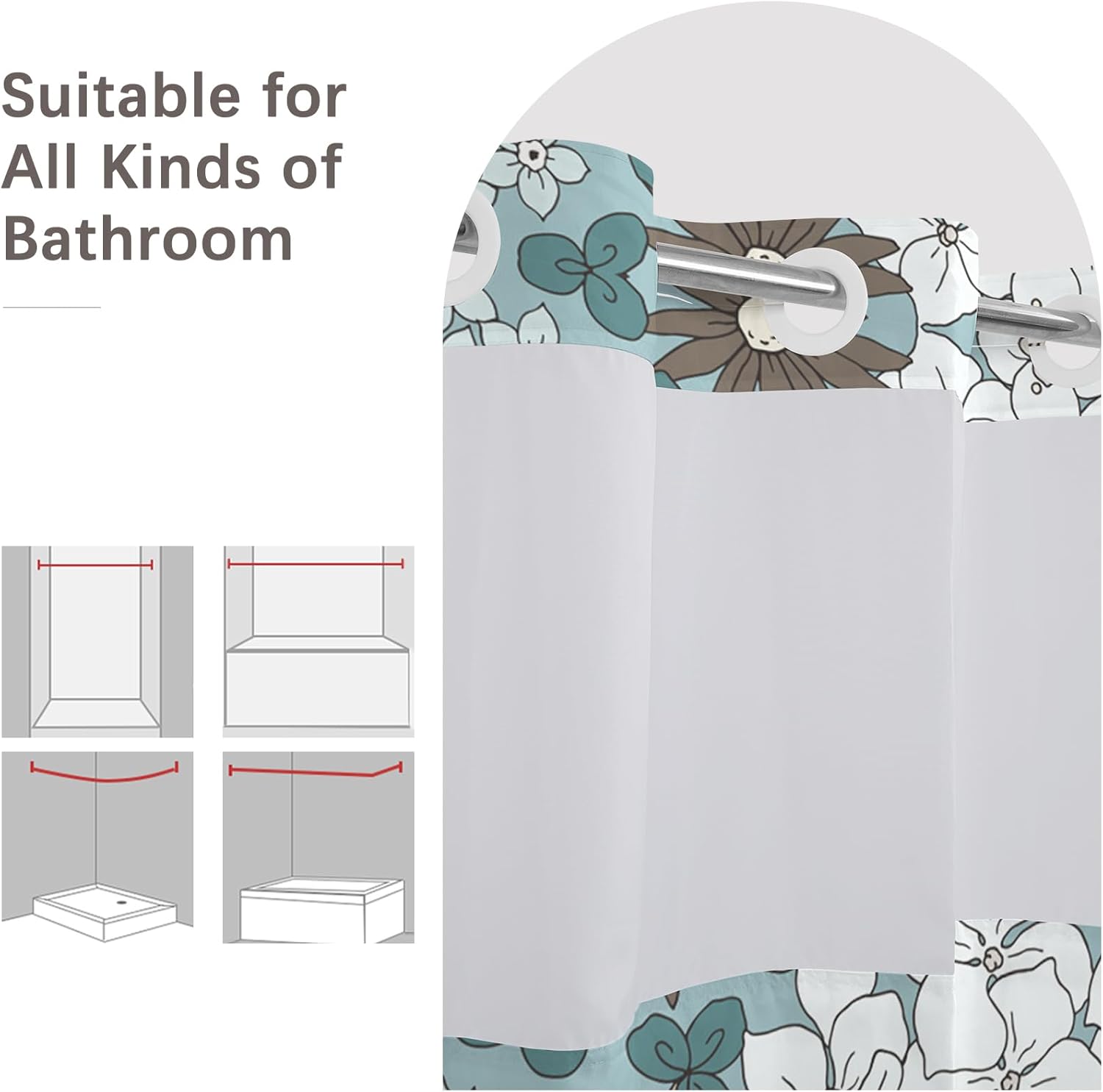 No Hook Shower Curtain,Blue Boho Flower Double-Layered Shower Curtain with Snap-in Liner and Weights,Light Blue Flower Floral Fabric Bath Curtain with See Through Mesh, 71x74in