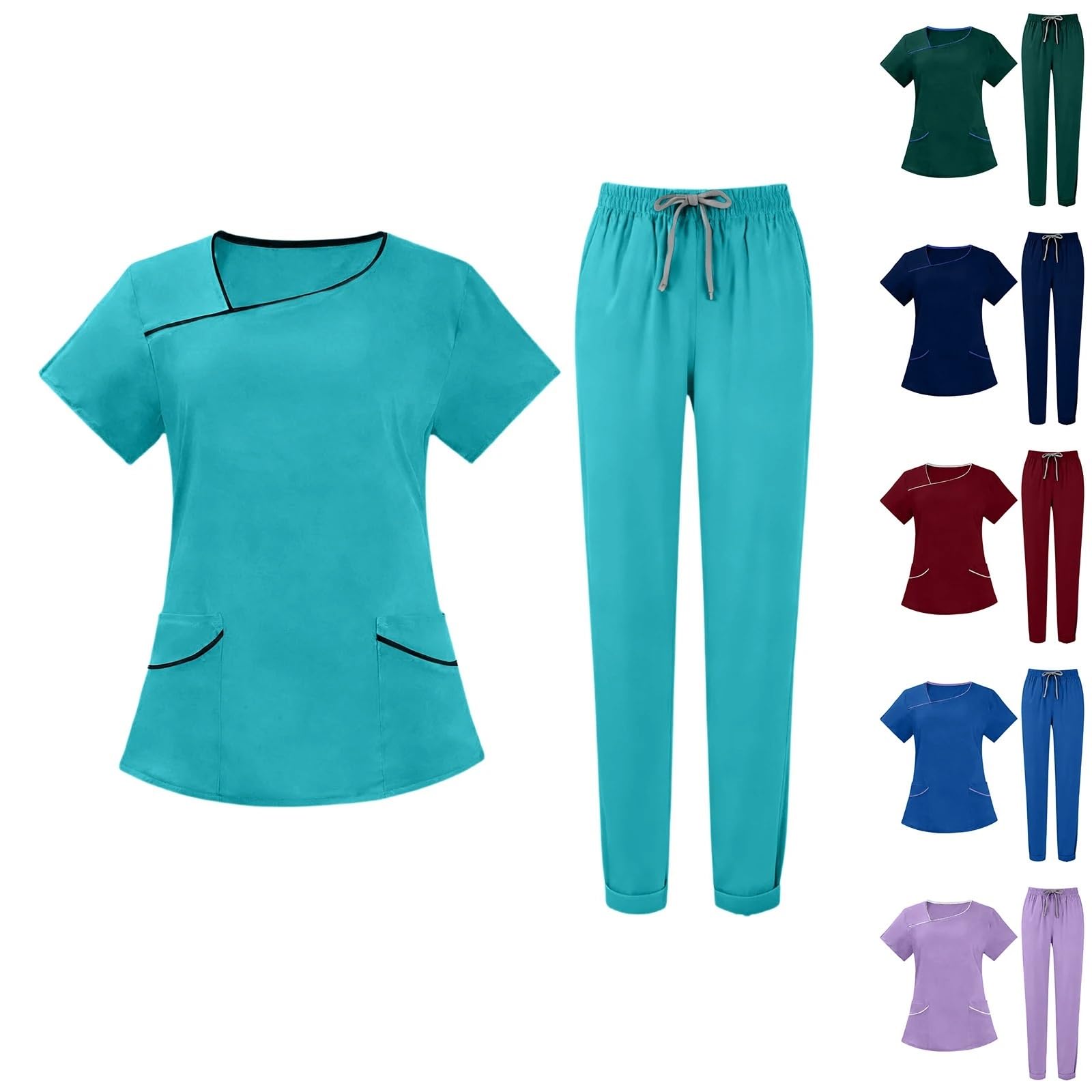 Kasacks Damen Pflege Damen-Krankenschwester-Bekleidungsset, kurzärmelig, mehrfarbig, Kontrasttasche, lange Hose, medizinische, gemütliche, professionelle Arbeitskleidung