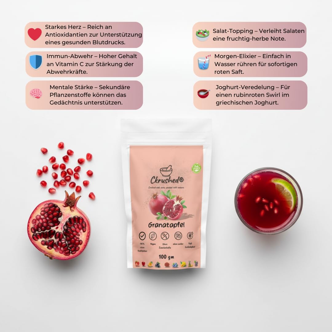 Ckrushed Granatapfel Pulver 100g – Gefriergetrocknetes Granatapfelpulver – Natürlich reich an Polyphenolen & Vitamin C – Für Smoothies, Bowls, Gesicht & Haarpflege – Ohne Zusätze – Vegan