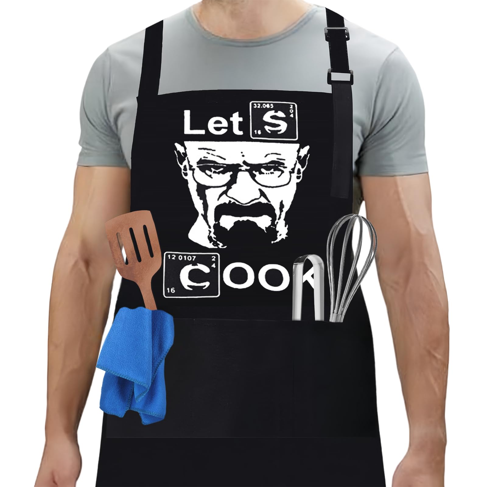 flintronic Delantales de Barbacoa para Hombre, Delantales de Cocina con Correa para el Cuello Ajustable, Impermeable Chef Delantal con 3 Bolsillos, Delantal de Trabajo Práctico para Cocina, Jardinero