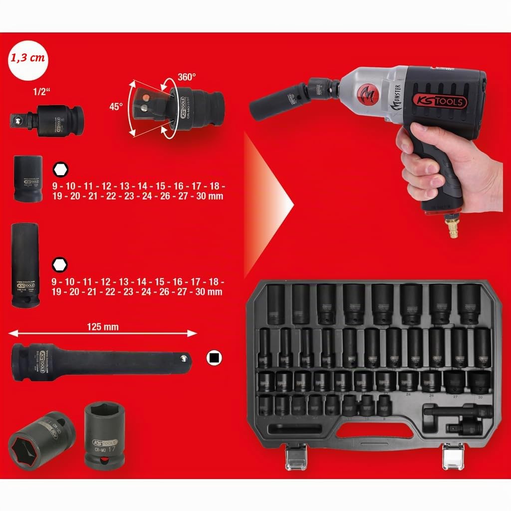 KS Tools - 515.0065 - Coffret douilles à chocs 1/2" - douilles à chocs courtes et longues - Mallette outils 40 pièces