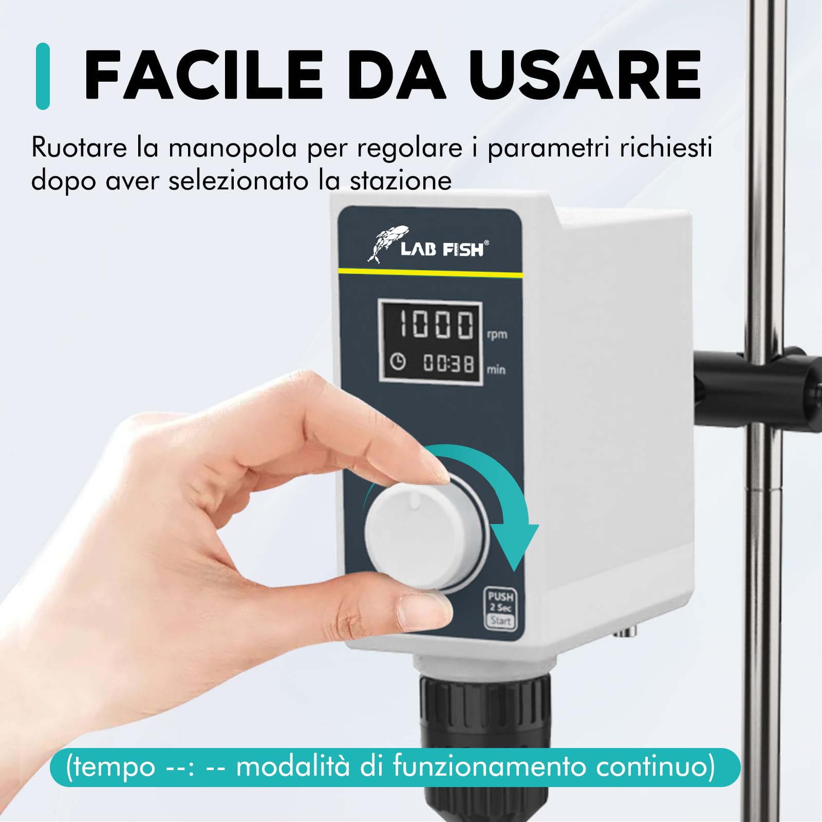 LAB FISH Agitatore a Immersione Overhead Stirrer, Miscelatore da Laboratorio 50W con Pala e Supporto Acciaio Inox, Velocità Regolabile 100-2000 RPM, Timer 1min-24h, per 20L & 20000 mPas