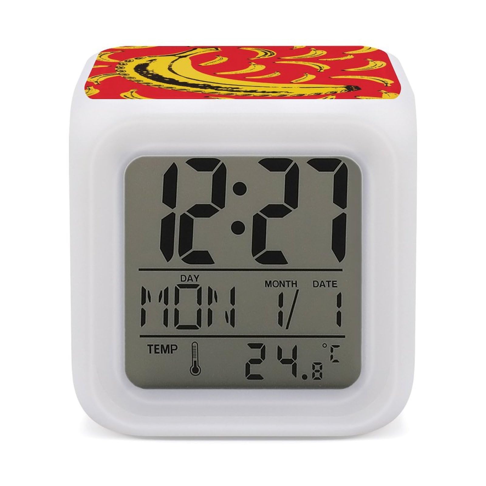Reloj despertador de plátano amarillo para despertares sin estrés y control de temperatura
