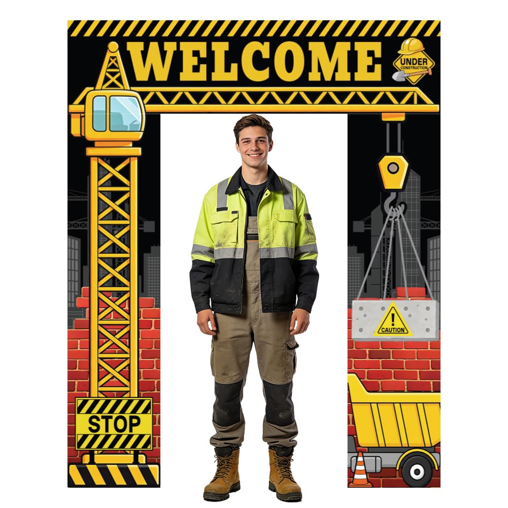 WADORN Construction Trucks Welcome Door Banner Decorations, Funny Construction Theme Banners Porch Photo Car Party Hanging Photography Background Backdrops for Birthday Party Decors, 8.2x6.6Ft
