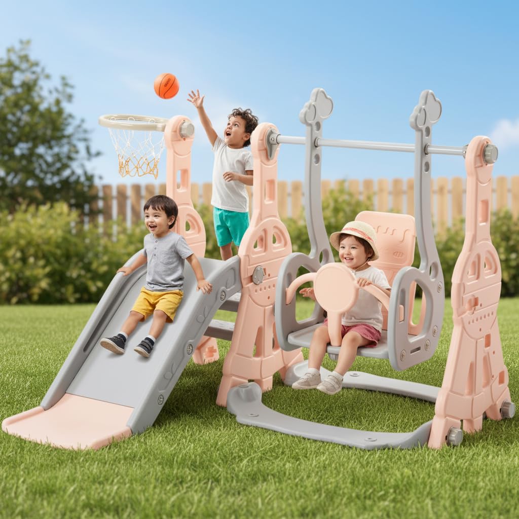 Tobogán 4 en 1 para bebé, tobogán para niños al aire libre interior con un columpio, un tobogán, una escalera y una cesta de baloncesto, columpio tobogán independiente (rosa)