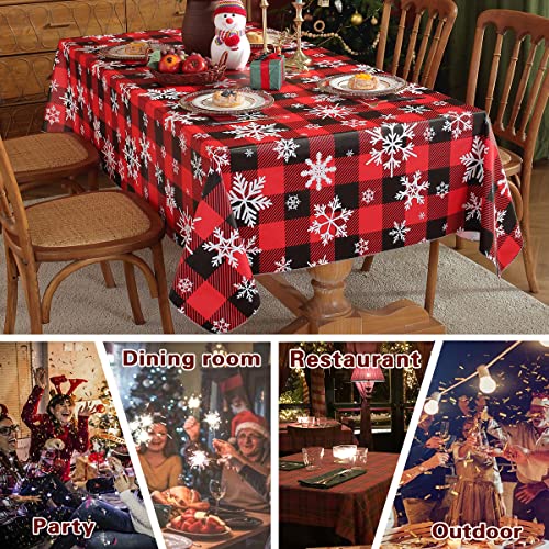 SASTYBALE Christmas Tablecloth Rectangle Vinyl with Flannel Backing, Buffalo Plaid Snowflake Print, Waterproof & Heavy Duty Plastic Table Cover for Dining, Party, Holiday, 52 x 70 Inch Red and Black – Image 8