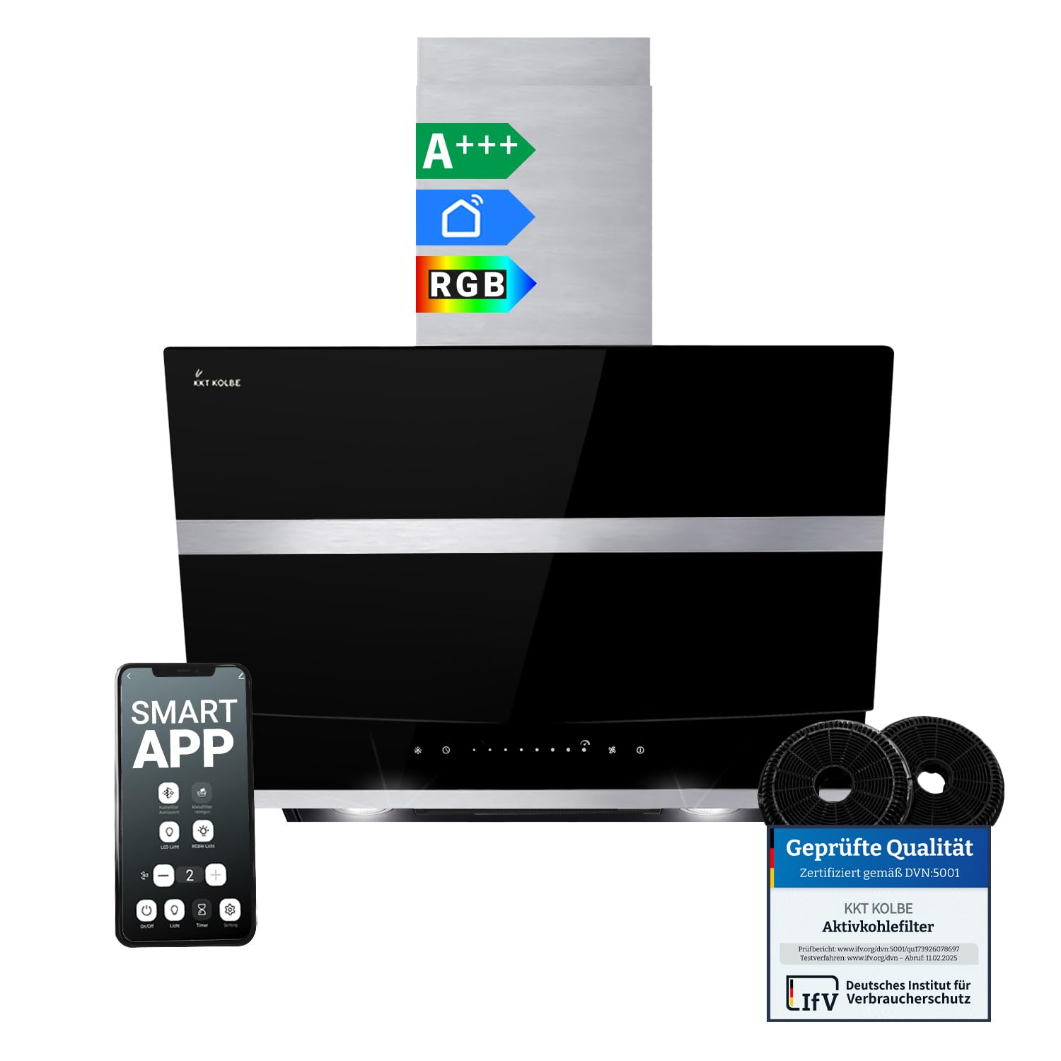 KKT KOLBE A+++ Dunstabzugshaube 60 cm 782 cbm/h Kopffreie Wandhaube Edelstahl schwarzes Glas WLAN RGBW-LED-Beleuchtung SensorTouch Bedienung HERMES6005SM