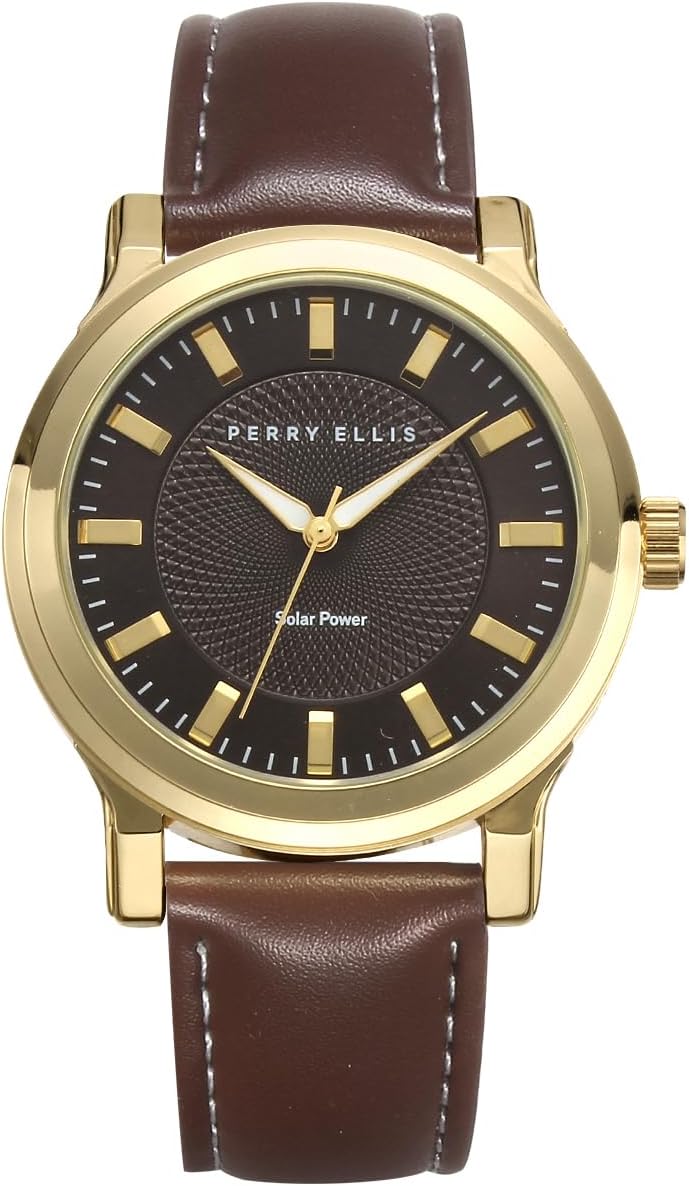 Perry Solar Men’s Watch – Round Sandstone Dial, Brown Leather Strap, Water-Resistant Analog