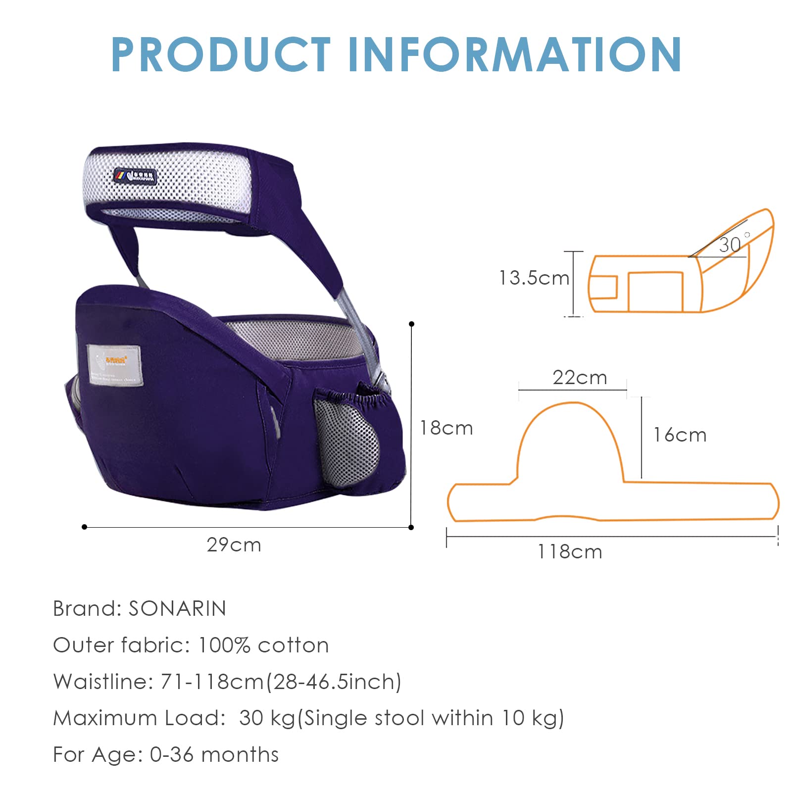 SONARIN Baby Hüftsitz,Ergonomischer Taille Hocker Baumwolle Babytrage Hipseat Hüfttrage mit Sicherheitsgurt & Einzelnem Schultergurt Multi-Position Bauchtragen für Neugeborenes Kinder(Dunkelblau)