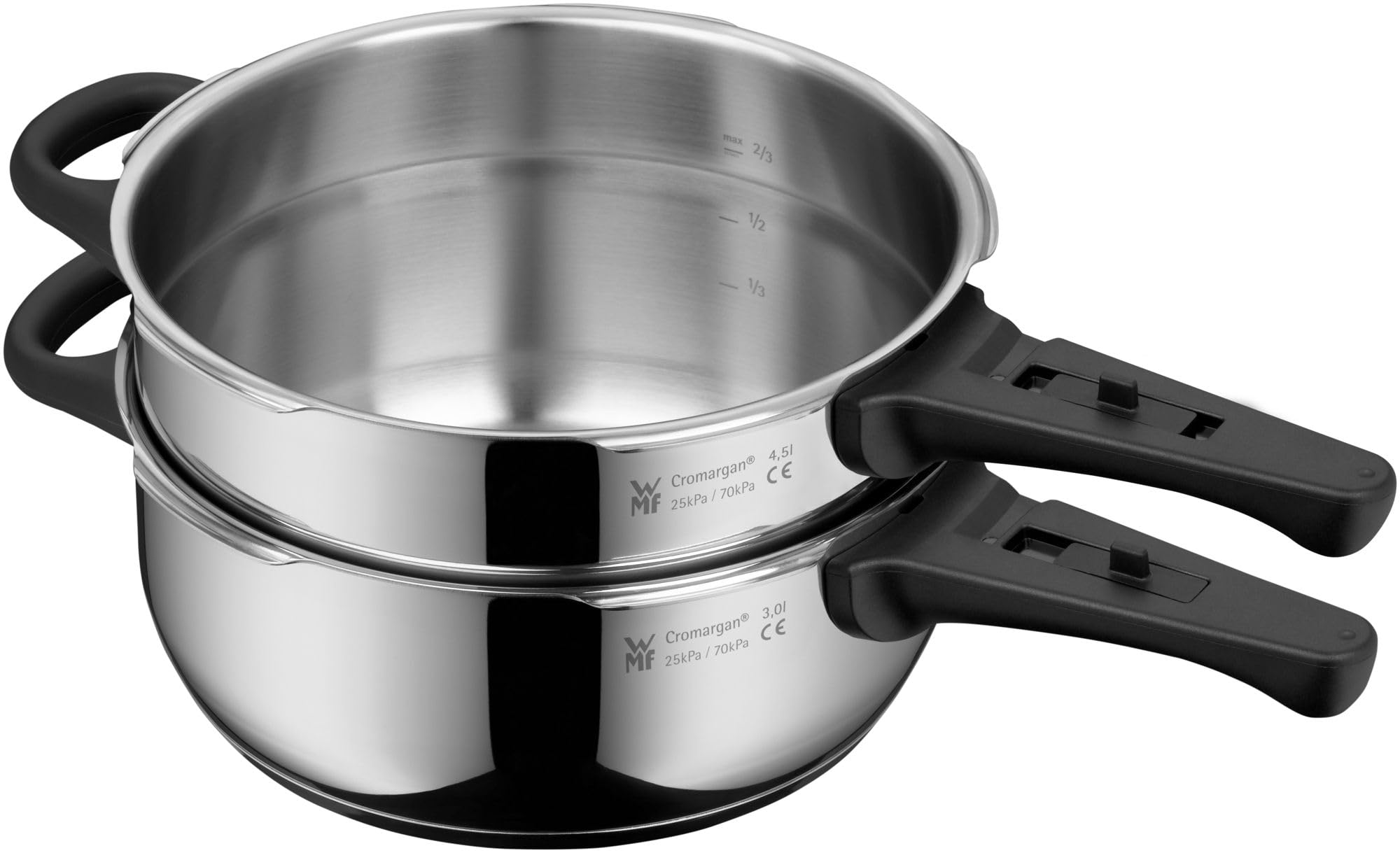 WMF Perfect Schnellkochtopf Set Induktion 3-teilig, Dampfkochtopf 4,5l + 3l mit Einsatz, großes Kochsignal, 2 Kochstufen, abnehmbarer Deckelgriff, stapelbar