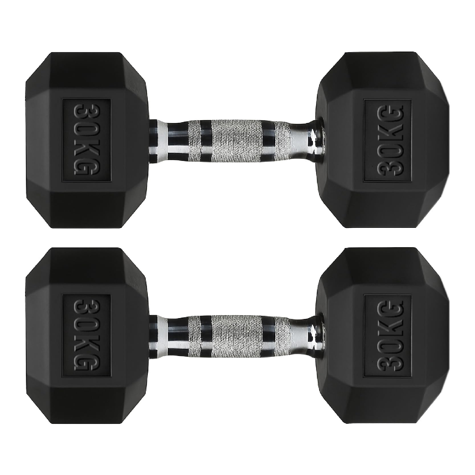 Hex Dumbbells Rubber Coated Cast Iron, Knurled Metal Handles, Anti-Roll Hex Design for Home Gym Strength Training and Weight Lifting, 1kg to 30kg Pairs and Sets (30kg-Pair)