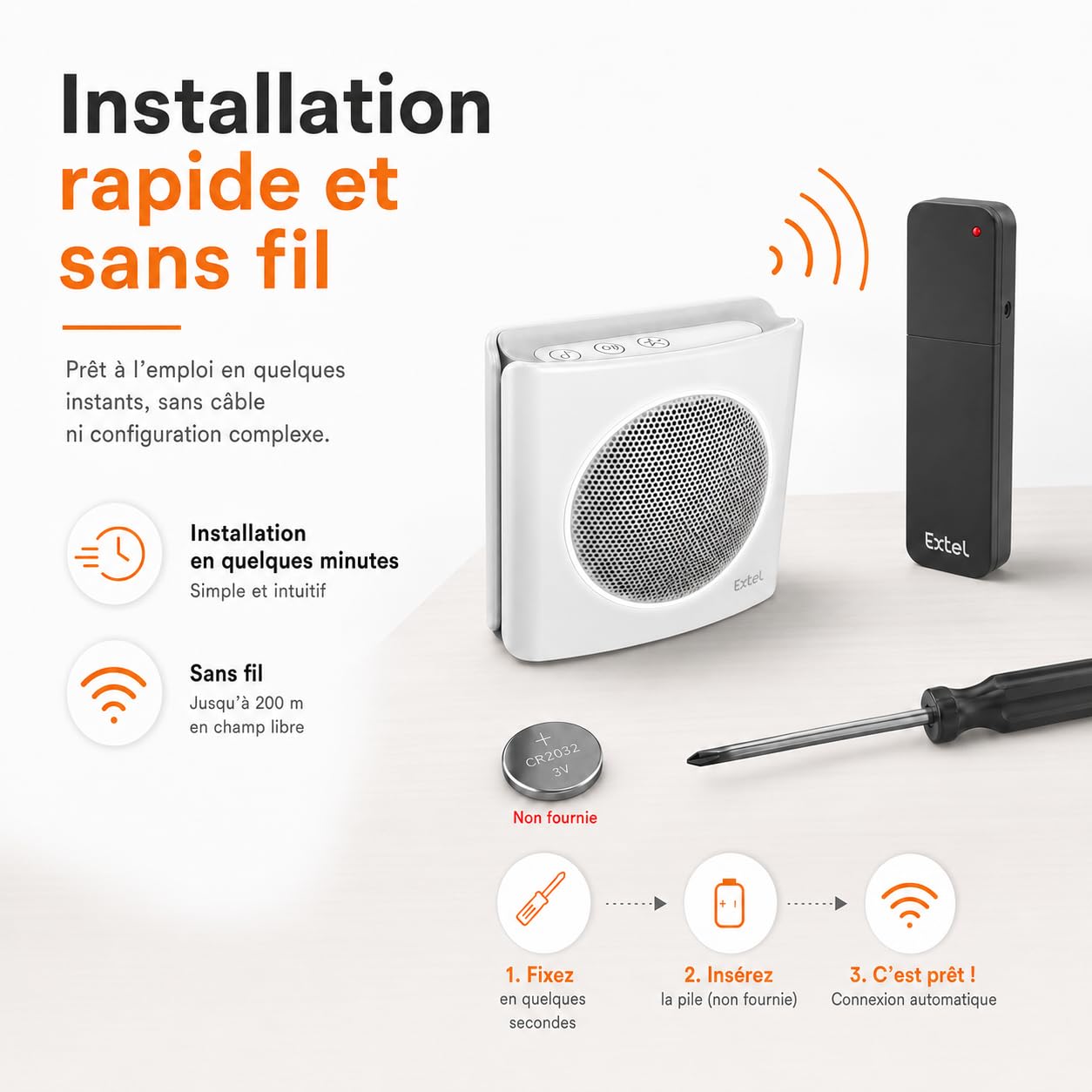 EXTEL diBi More, uniwersalne rozszerzenie dzwonka radiowego, zasięg do 200 m, możliwość rozszerzenia, informacje w przypadku niskiego poziomu baterii, tryb bezgłośny, możliwość spersonalizowania