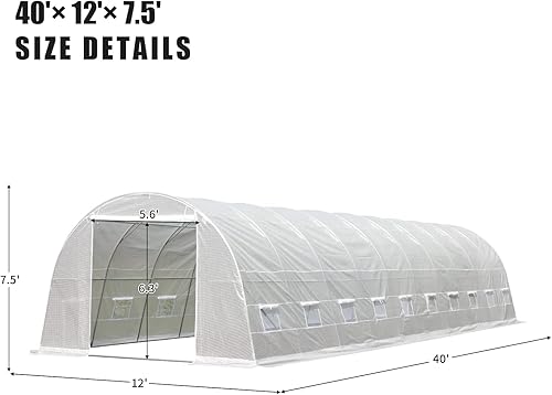 Miniatura 9 de Invernadero grande de 40 x 12 x 7.5 pies, invernadero portátil con 2 puertas enrollables con cremallera y 20 ventanas de pantalla, planta de jardín