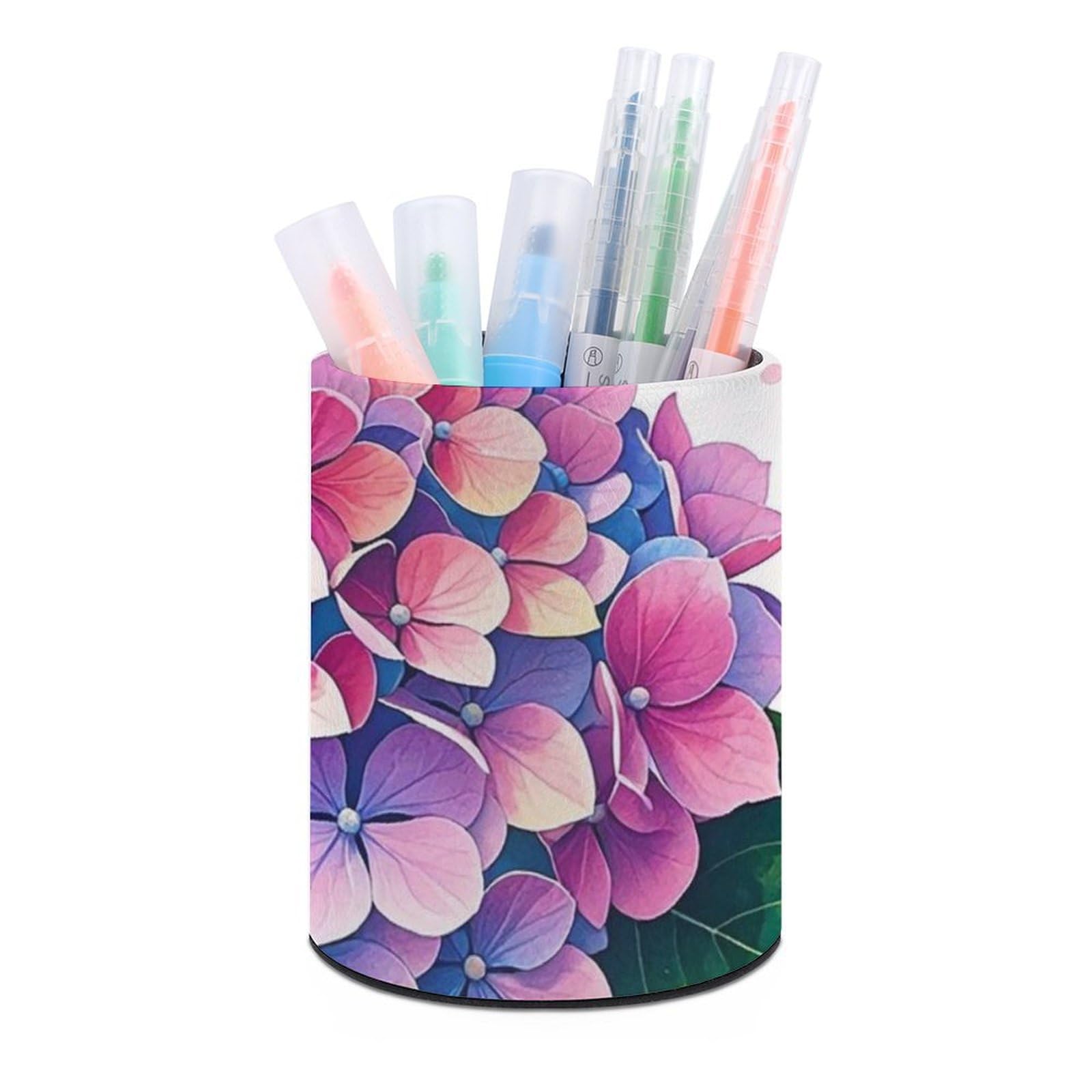 DWVTSLH Aesthetic Pen Holder for Desk - Modern Leather Pencil Holder - Stylish Round Makeup Brush Holder - Watercolor Hydrangea Pen Cup Cute And Functional Desk Organizer for Office Supplies