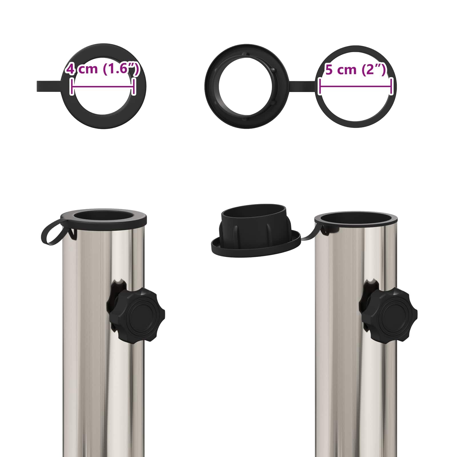 Tubo di base per ombrellone in acciaio inox lucido, 0,63 kg, modulo base con adattatore e 2 bottoni di serraggio per aste da 40 a 50 mm, per balcone, terrazzo, giardino