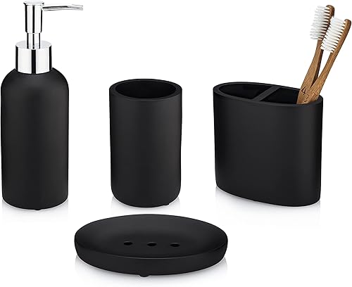 Essentra Home Juego de accesorios de baño de 4 piezas negro mate. Incluye dispensador de jabón con bomba cromada, soporte para cepillo de dientes,