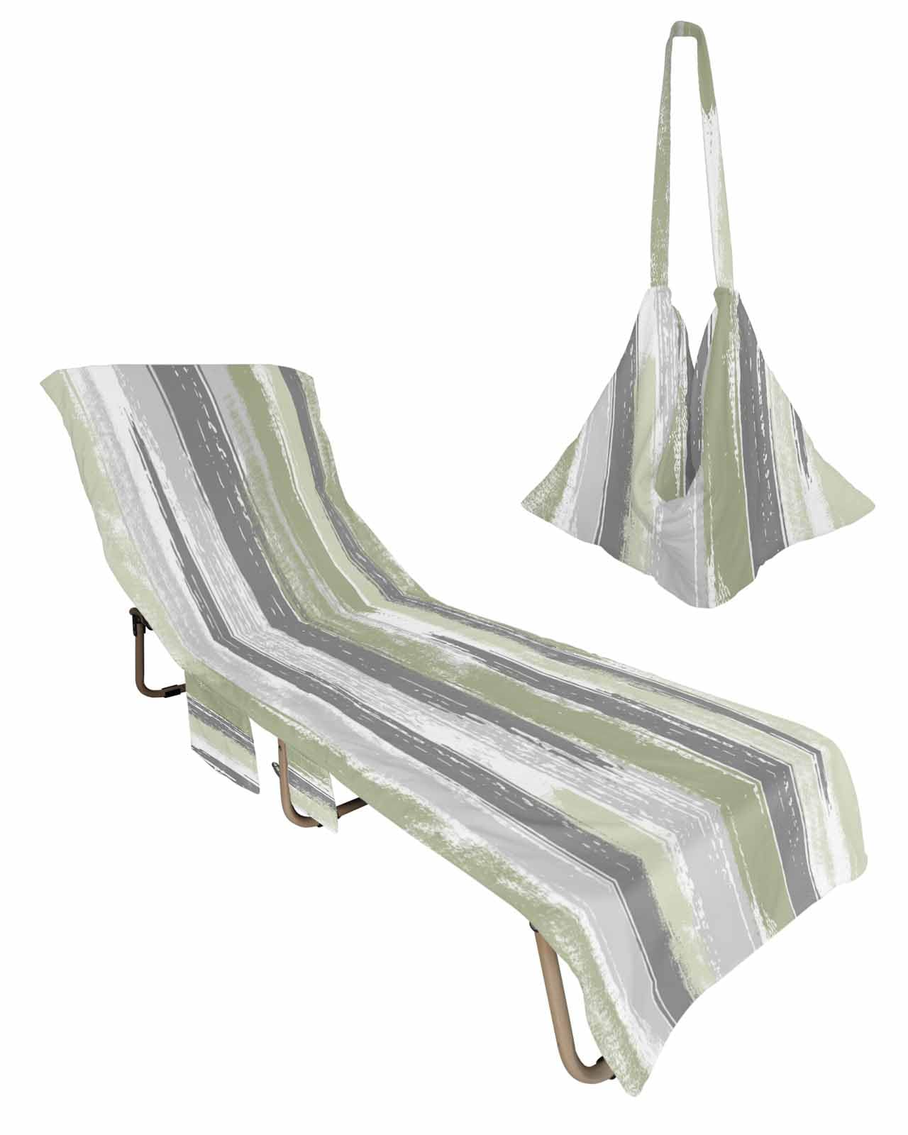 Sage Green Grey Beach Lounge Chair Towel Cover, Soft Chaise Lounge Towel with Side Pockets Patio Pool Chairs Cover for Beach/Pool Sunbathing 29x85 Modern Abstract Art Striped Geometric