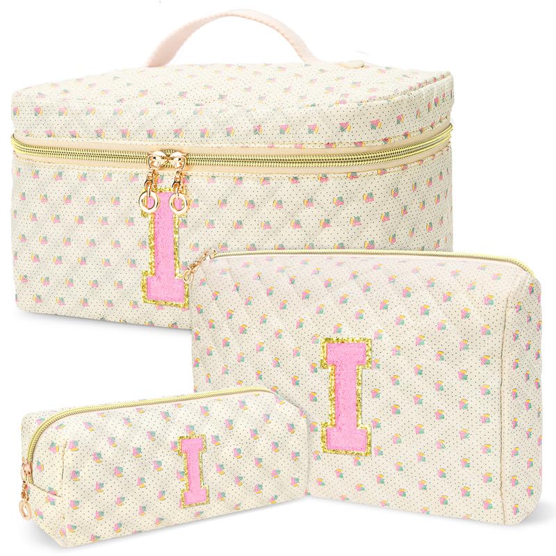 3 PCS Travel Makeup Bag Set, A–Z Initials Cotton Quilted Cosmetic Bag for Women & Preppy, Personalized Toiletry Bag Travel Accessories Makeup Brushes