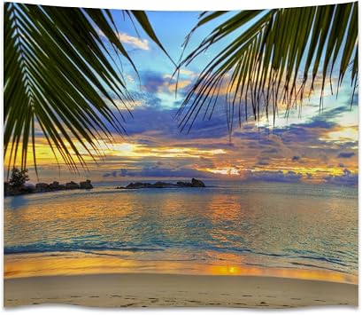 Tropical Sunset Beach Tapestry Palm Leaves Framed Ocean Horizon Golden Hour Sea Waves Coastal Landscape Photo Summer Paradise Aesthetic Wall Tapestry 60x80inch