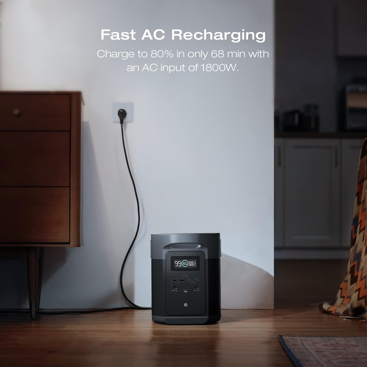 EF ECOFLOW DELTA 2 Max Extra Battery plugged into a wall outlet for fast AC recharging.