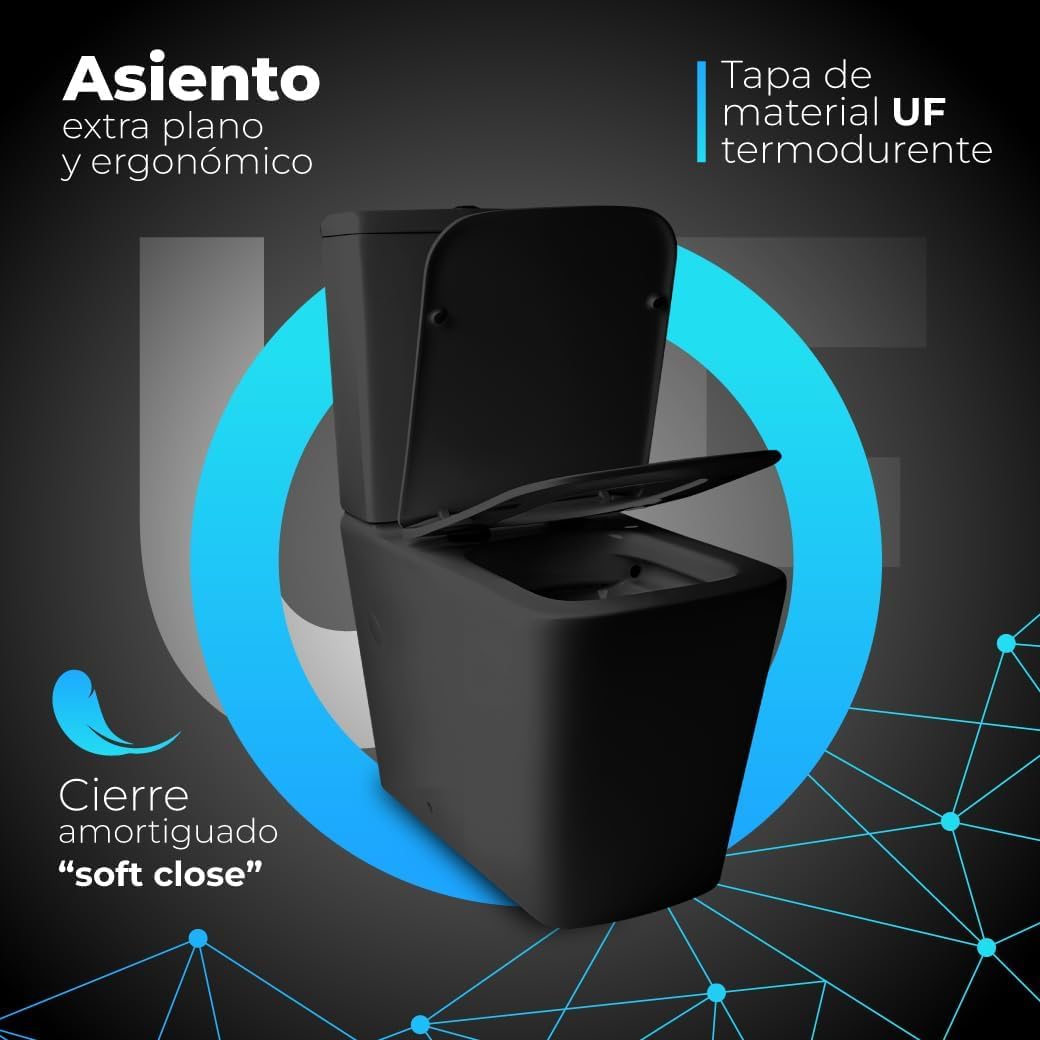 Inodoro Completo - WC Con Sistema Rimless Antibacterias - Vater Baño Con Tapa Dura Extrafina Amortiguada - Salida Dual - Para Hogar Color Negro