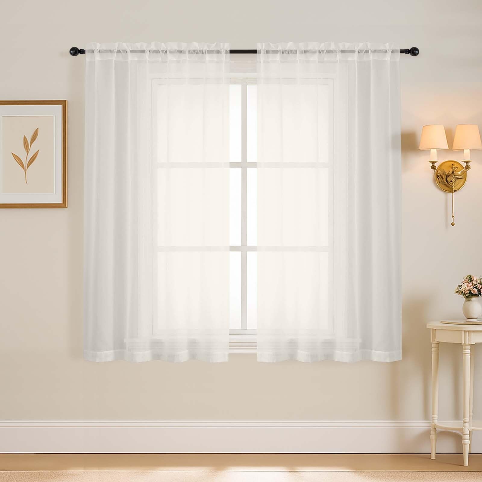 Ebesto Ivory Window Sheer Curtains 45 Inches Length, Voile Short Curtains for Living Room Bedroom, Modern Soft Window Drapes 2 Panels Set, Top Dual Rod Pocket Design, 2x42Wx45L Inches