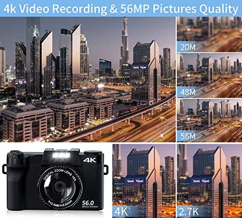 Saneen Digital Camera, 4K & 56MP Cameras for Photography, Small & Compact Vlogging Video Camera for Teens, Elder, Beginners, Equipped with 16X Digital Zoom, 32GB SD Card & 2 Rechargeable Batteries