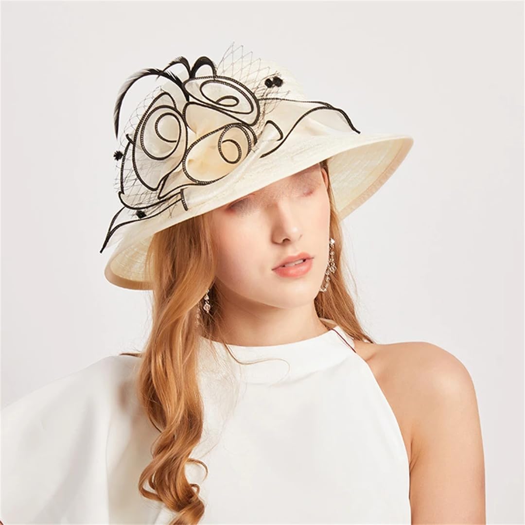 Yeuyyben Elegante cappello da sole in organza con fiore per donne a tesa larga chiesa signora tea party cappello da sole spiaggia cappello