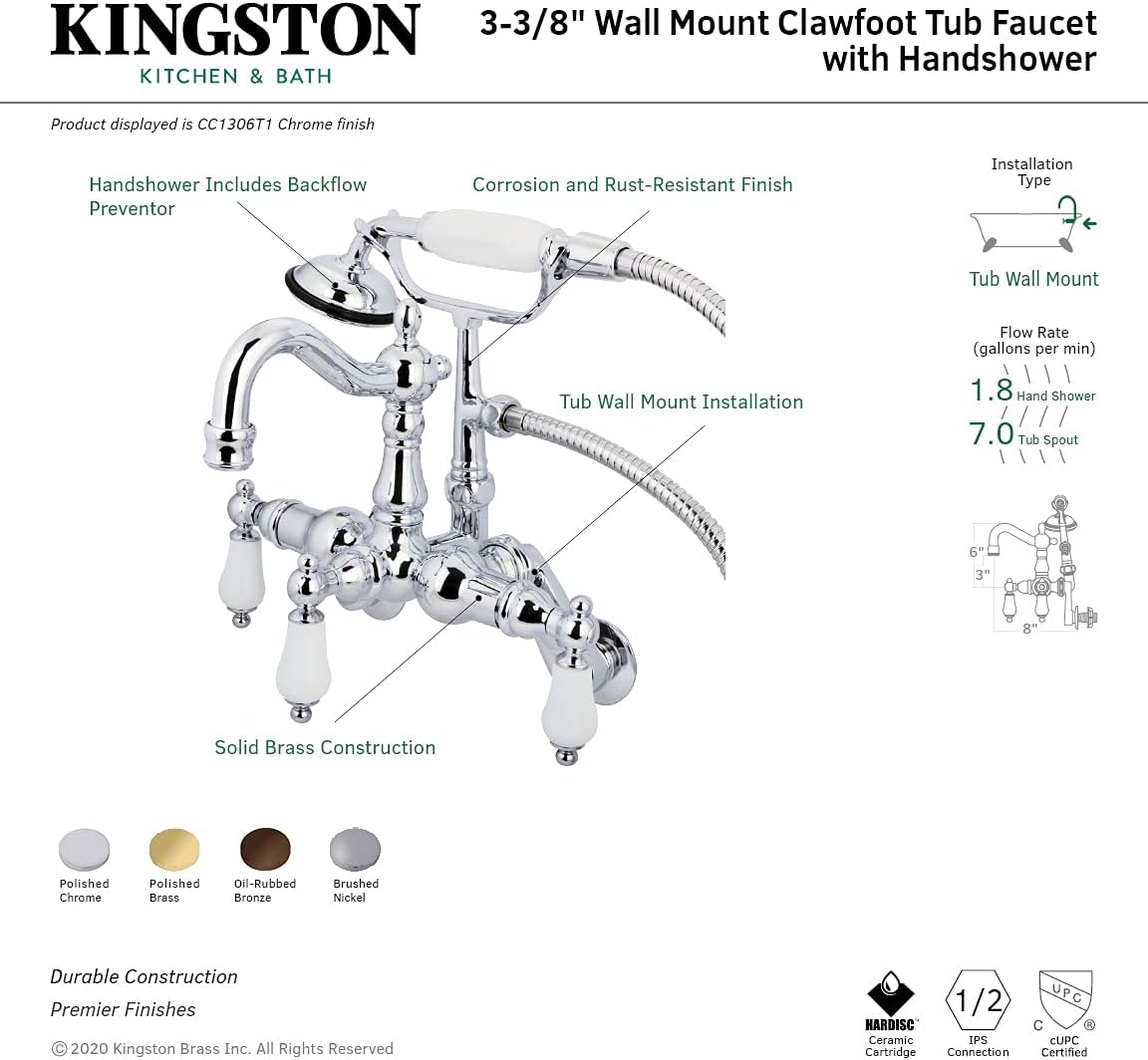 Kingston Brass CC1306T1 Heritage Vintage Leg Tub Filler with Hand Shower, H&C Porcelain Lever Handle, Polished Chrome