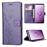 Samsung S9 Case,Galaxy S9 Wallet Case,FLYEE Flip Case Wallet Leather [Kickstand] Emboss Butterfly Flower Folio Magnetic Protective Cover with Card Slots for Samsung Galaxy S9 5.8 inch Purple