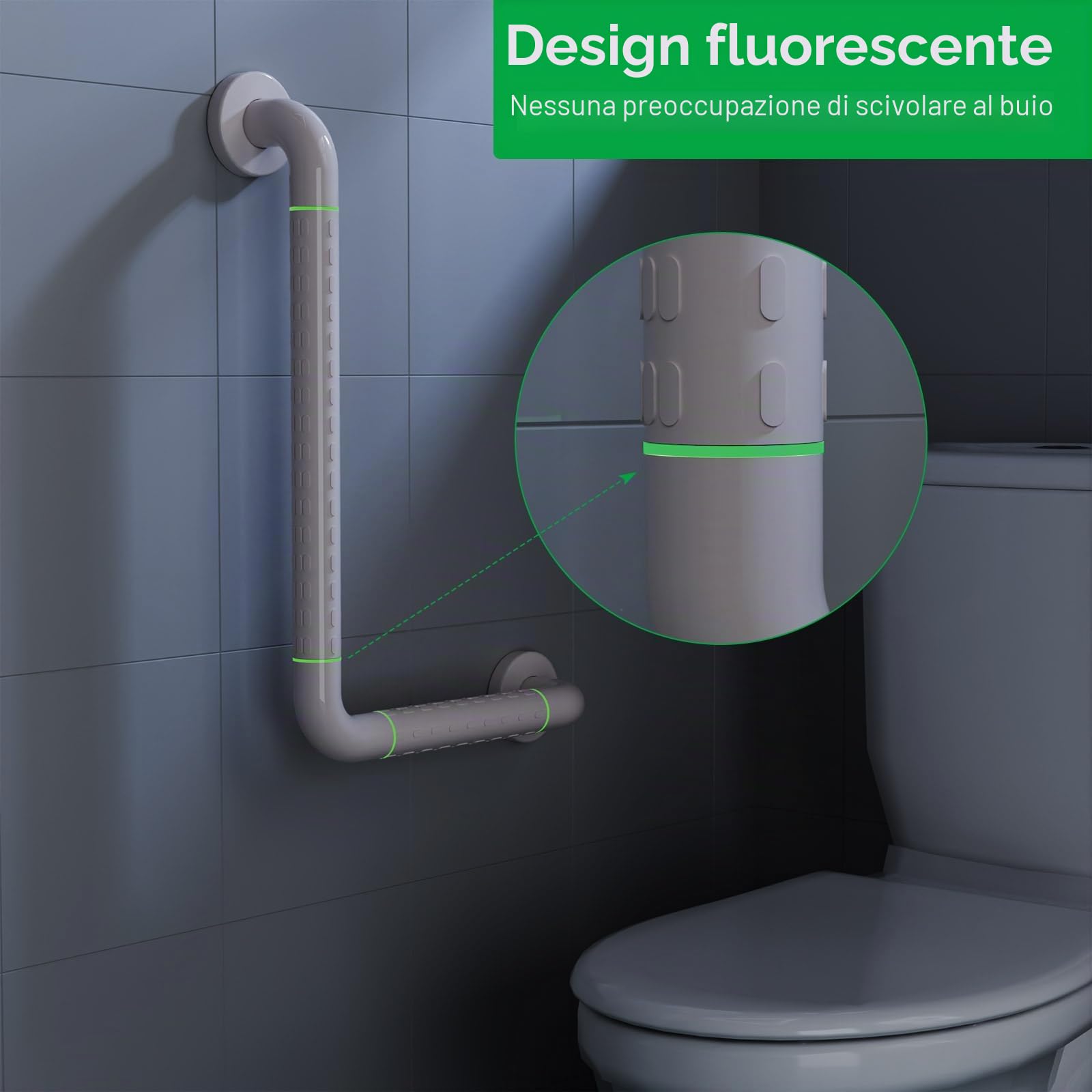 KULACO Maniglie per anziani, in acciaio inox, per vasca da bagno, antiscivolo, 30 x 45 cm, impugnatura di sicurezza a L, maniglia di sicurezza antiscivolo con fluorescenza