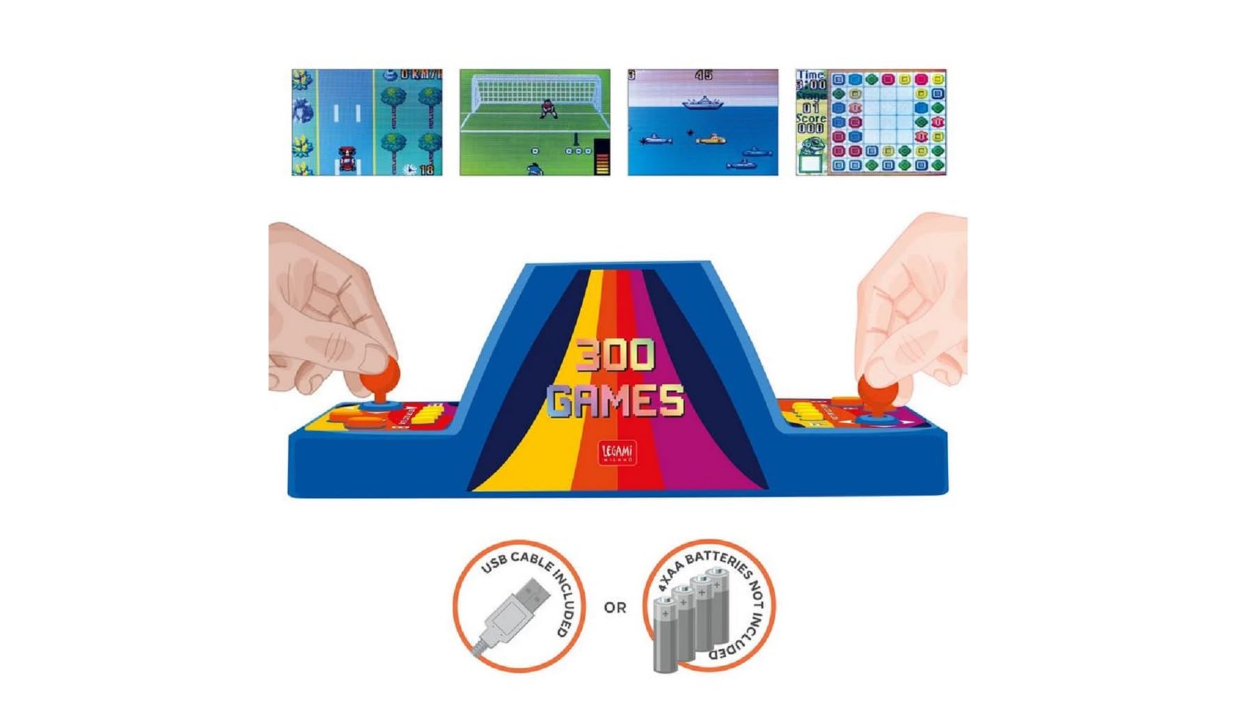 Legami - Mini Videogioco Arcade 2 Giocatori, Videogioco Luci e Suoni, 300 Giochi Testa a Testa, Doppio Schermo TFT 2,8'', Lingua Inglese, Cavo USB Incluso, Dimensioni 8.7 x 11 x 20 cm