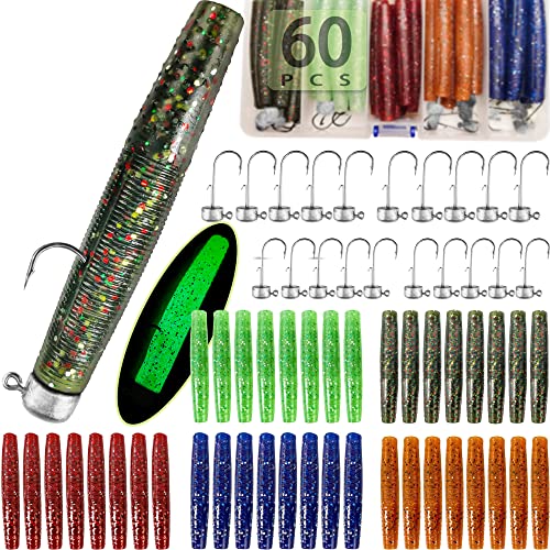 VMSIXVM 60/25 Pcs Ned Rig Jig Heads Soft Plastic Worms Stick Baits Kit, Finesse Mushroom Ned Rigs...