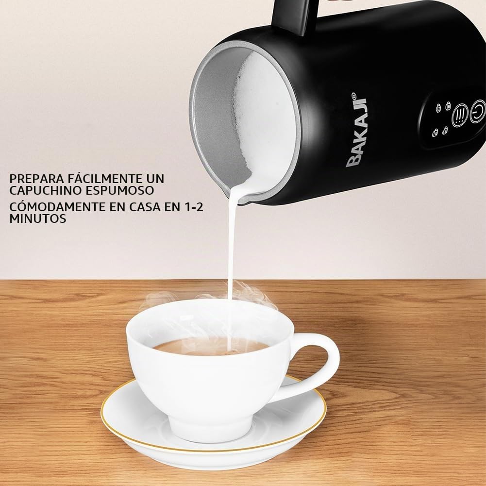 BAKAJI Espumador de leche eléctrico 4 en 1, Cappuccinatore automático, 350 ml, espumador para espuma de leche, funcionamiento silencioso, ideal capuchino caliente o frío, café manchado, acero