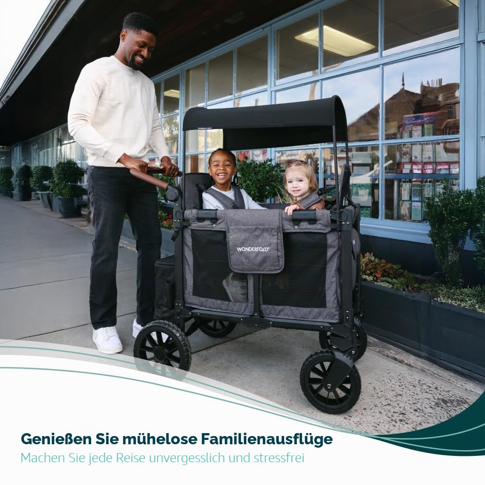 WONDERFOLD W2 Luxe Pro Kinderwagen 2-Sitzer zusammenklappbar mit 5-Punkt-Sicherheitsgurten verstellbarem Sonnendach Schwarz Jet Black
