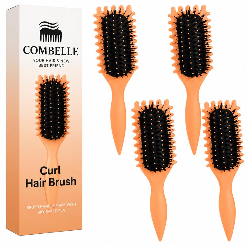 Image of Combelle 5-in-1 Curl Hair Brush | Vegan Boar Bristles | Bio-Based PLA Handle | Detangling, Defining & Frizz Control for Curly & Wavy Hair | For Men & Women - Peach Orange (Pack of 4)