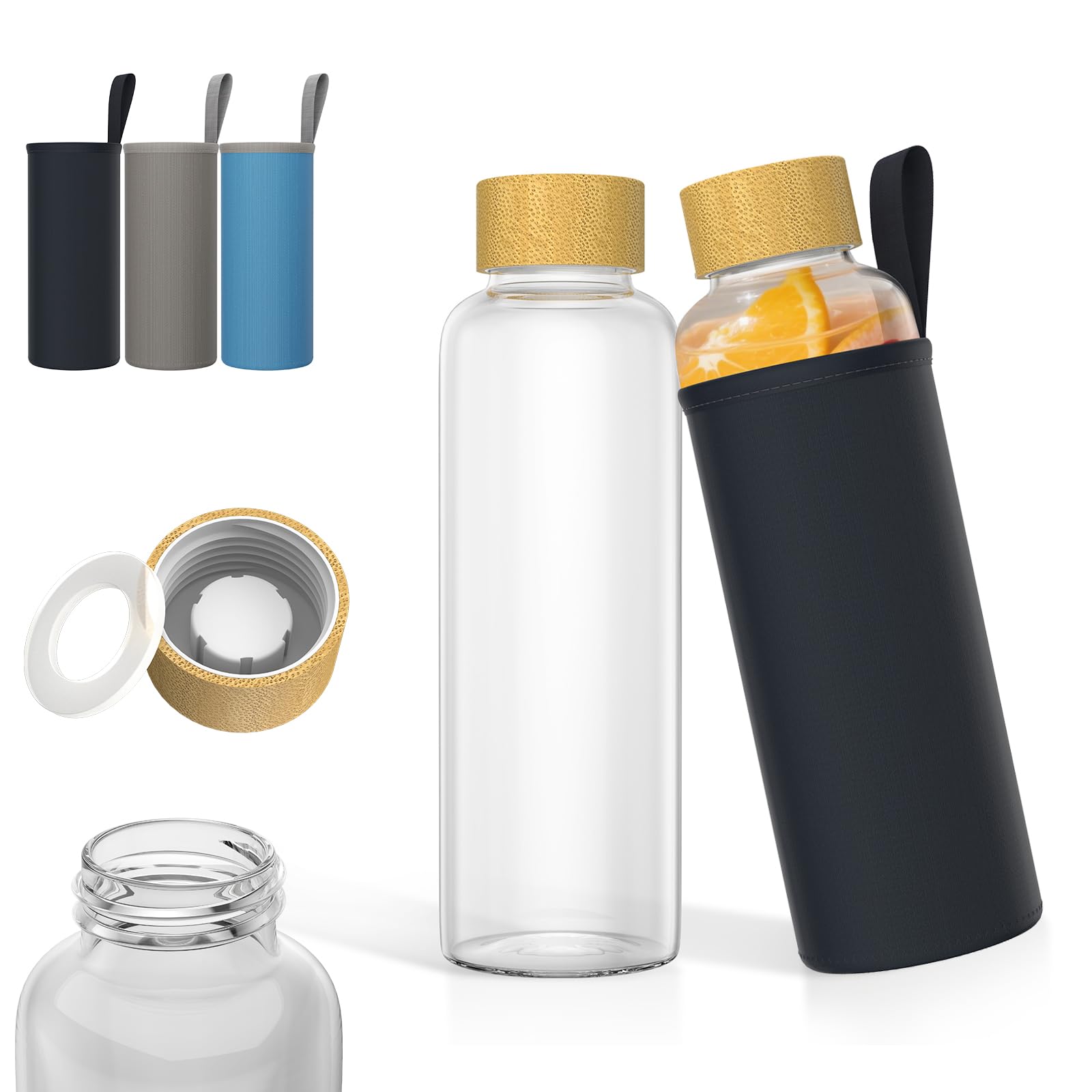 ACXIN Glas Trinkflasche 550ml Borosilikatglas Wasserflasche mit Holzdeckel & schwarzer Schutzhülle spülmaschinenfest, hitzebeständig & auslaufsicher für heiße & kalte Getränke, Büro & Sport