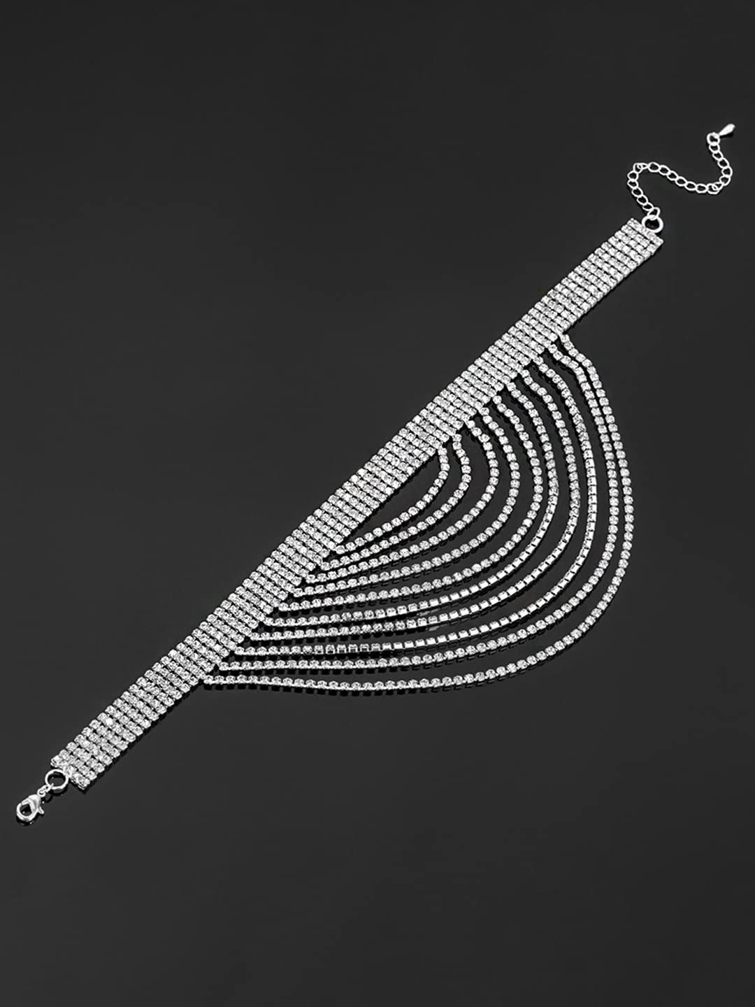 Silver Choker Western Multilayer Rhinestone Tassle Statement Necklace