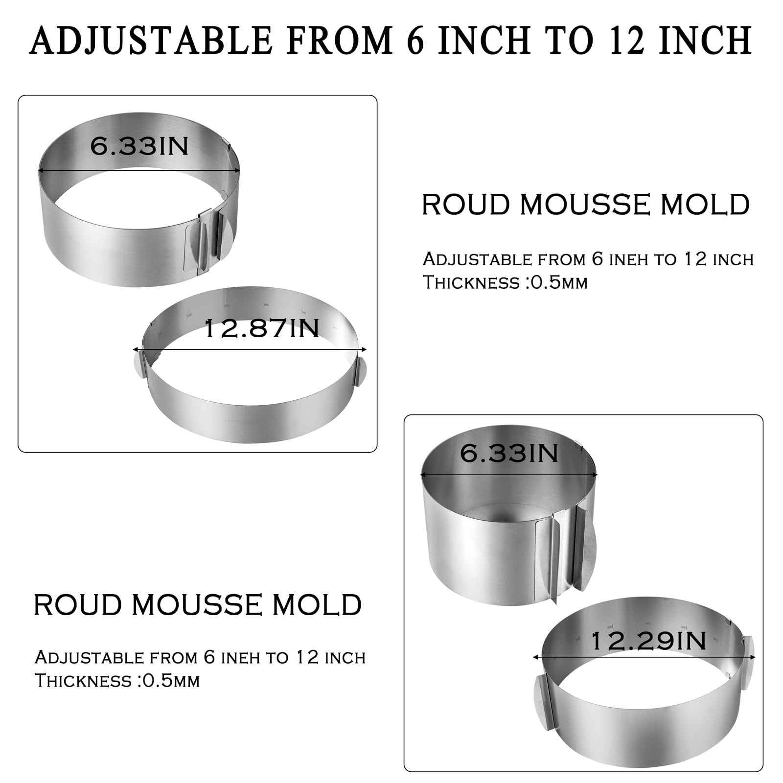 Lot de 2 moules à gâteau ronds réglables de 15,2 à 30,5 cm en acier inoxydable - Anneaux de cuisson ronds pour pâtisserie