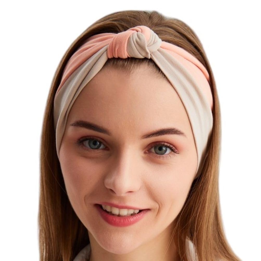 BABYGIZ Headbands for Women Knotted Stretchy Head Bands Sport Hair Bands Non Slip Turban Two Colors Headwrap Yoga Workout Running Hair Accessories (Light Beige&Salmon, 1 Size)